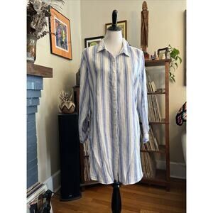 TAHARI 1X 100% Linen Stripe Button Down Shirt Tunic Plus Longer Length Coastal